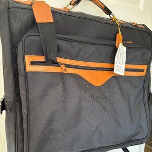 NWT Brookstone Garment Bag, Black Ballistic Nylon with Tan Leather Trim